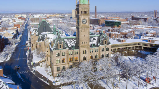 Lowell City Hall and downtown aerial view in downtown Lowell, Massachusetts, USA-shutterstock_1036455079